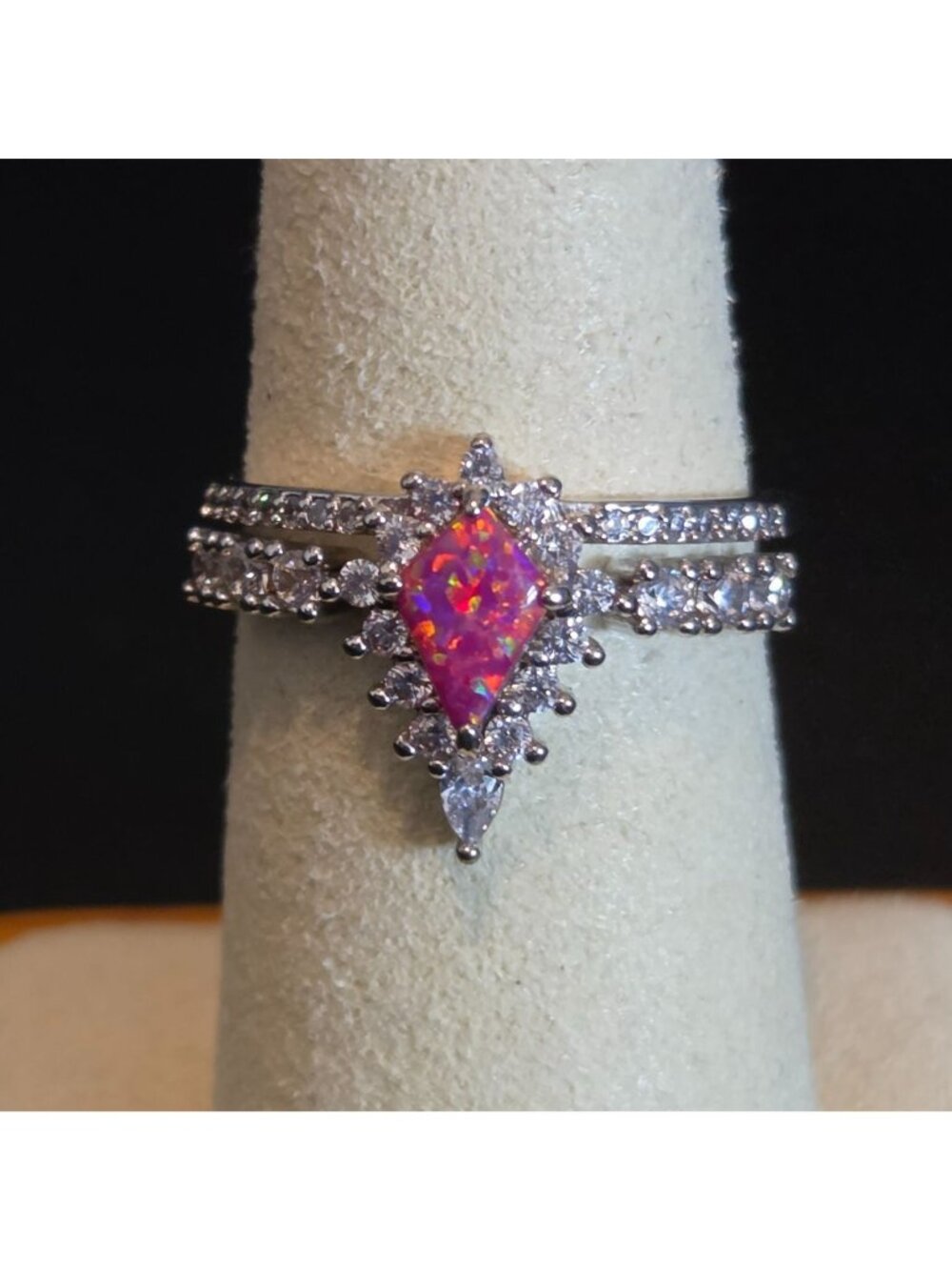 Ring Bomb Party Pink Fire Opal Cluster Accents Silver Rhodium Band Size 7